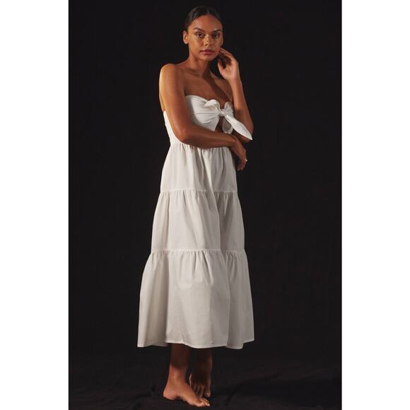 New Anthropologie Strapless Tie-Front Midi Dress $160 MEDIUM White Cutout Tiered - Picture 3 of 7